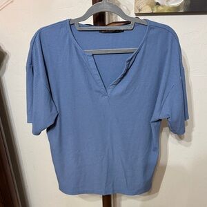 Relaxed Blue Short Sleeve V-Notch Ribbed Top